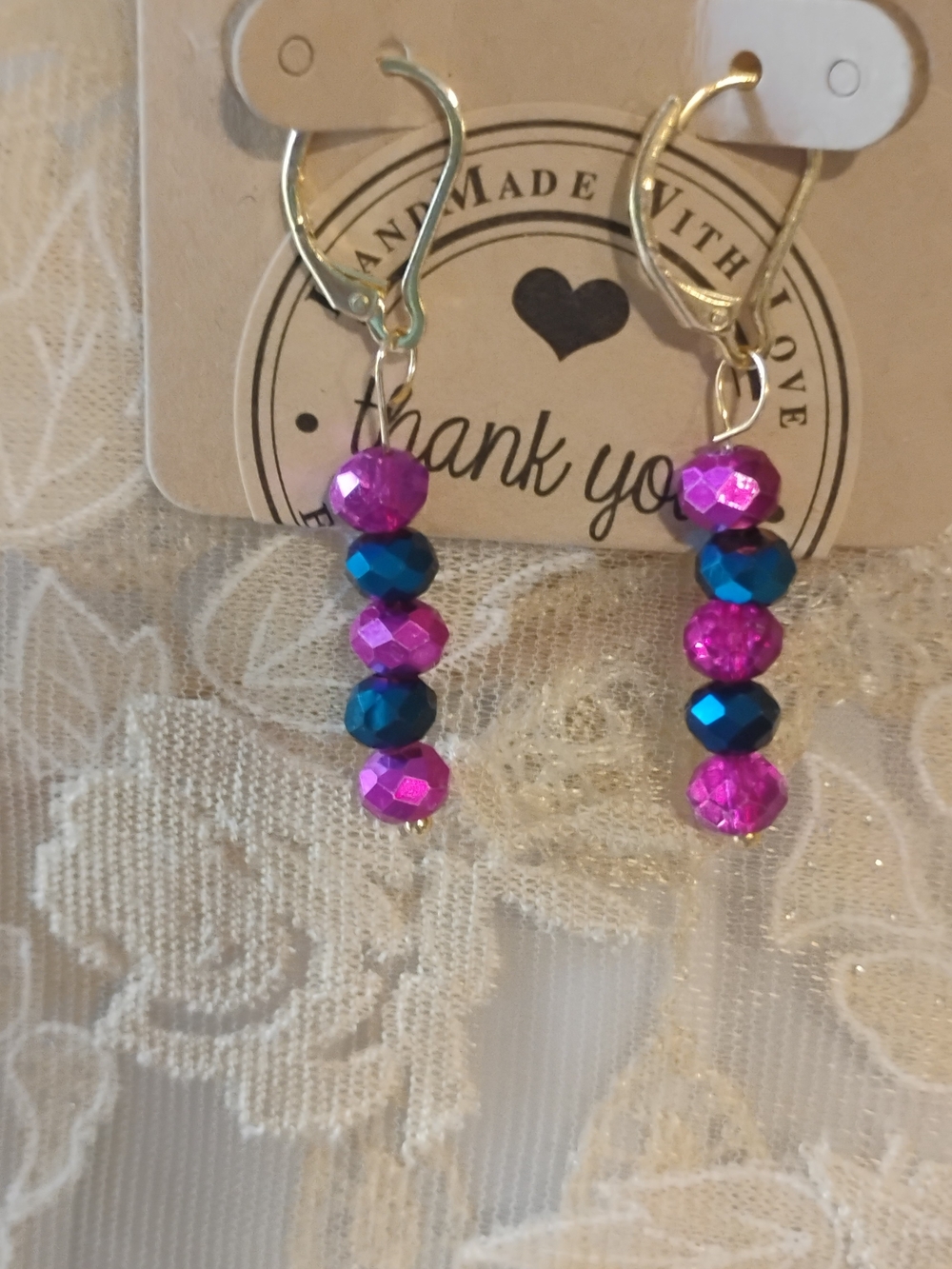 Handmade Pink and Teal Beaded Dangle Earrings